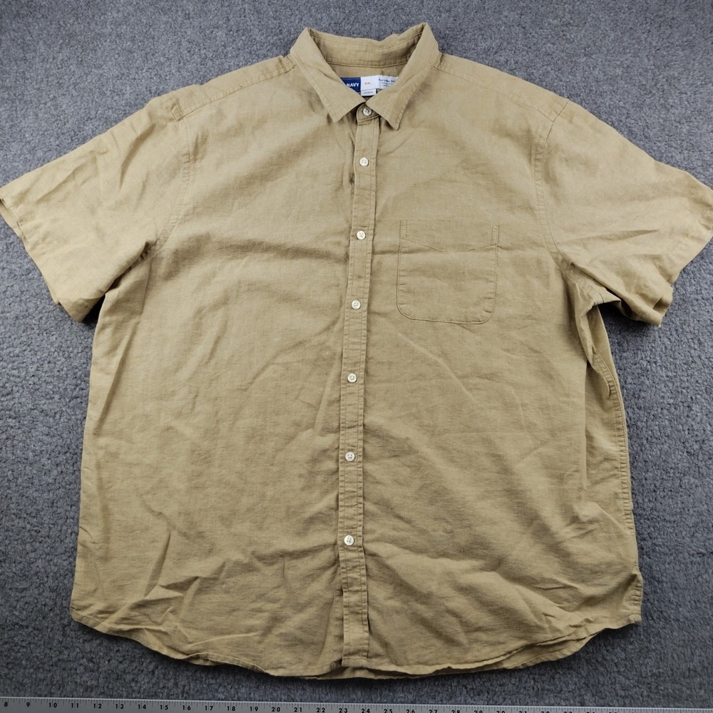 Old Navy Linen Shirt Mens 2XL XXL Everyday Regular Fit Tan Short Sleeve EUC